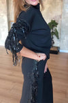 Women Casual High Neck Long Sleeve Sequined Tassel Splicing Top + Pants Suit