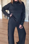 Women Casual High Neck Long Sleeve Sequined Tassel Splicing Top + Pants Suit