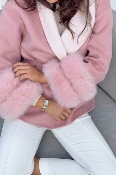 Women Elegant Contrast Lapel Waist Tie Double Layer Plush Cuffs Coat