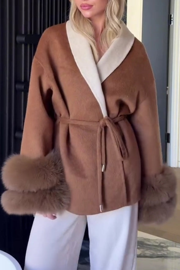 Women Elegant Contrast Lapel Waist Tie Double Layer Plush Cuffs Coat