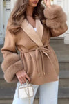 Women Elegant Contrast Lapel Waist Tie Double Layer Plush Cuffs Coat