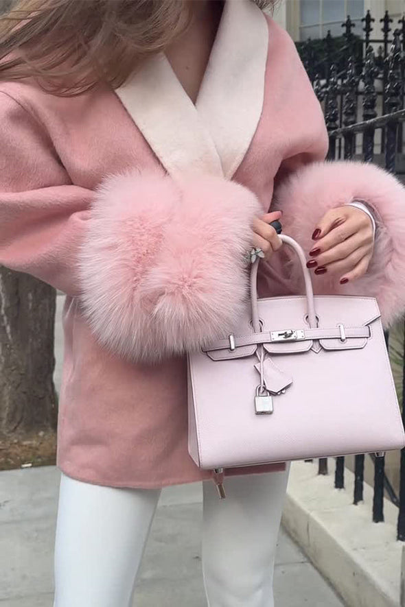 Women Elegant Contrast Lapel Waist Tie Double Layer Plush Cuffs Coat