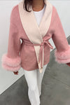 Women Elegant Contrast Lapel Waist Tie Double Layer Plush Cuffs Coat
