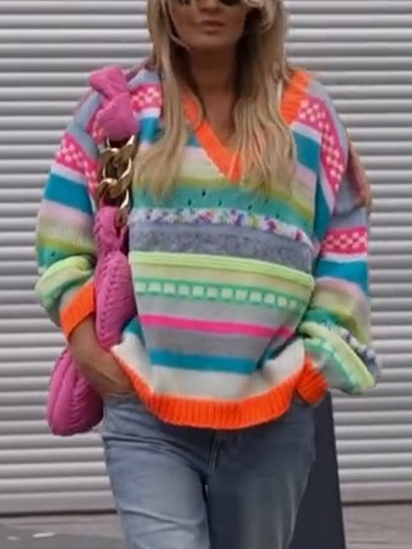 Women V-neck Colorful Casual Knitted Sweater