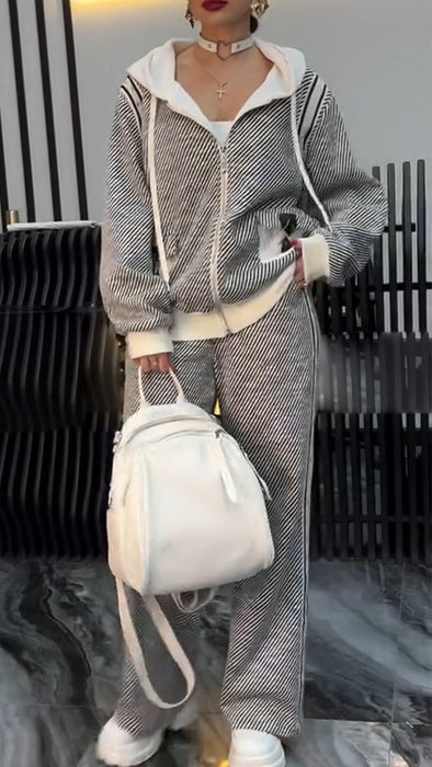 Women Hooded Drawstring Jacket + Pants Casual Set