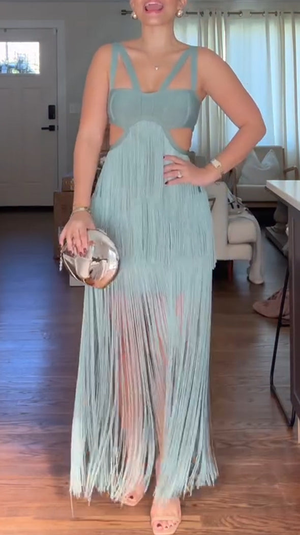 Women Suspender Hollow Stitching Tassel Solid Color Elegant Temperament Evening Party Dress