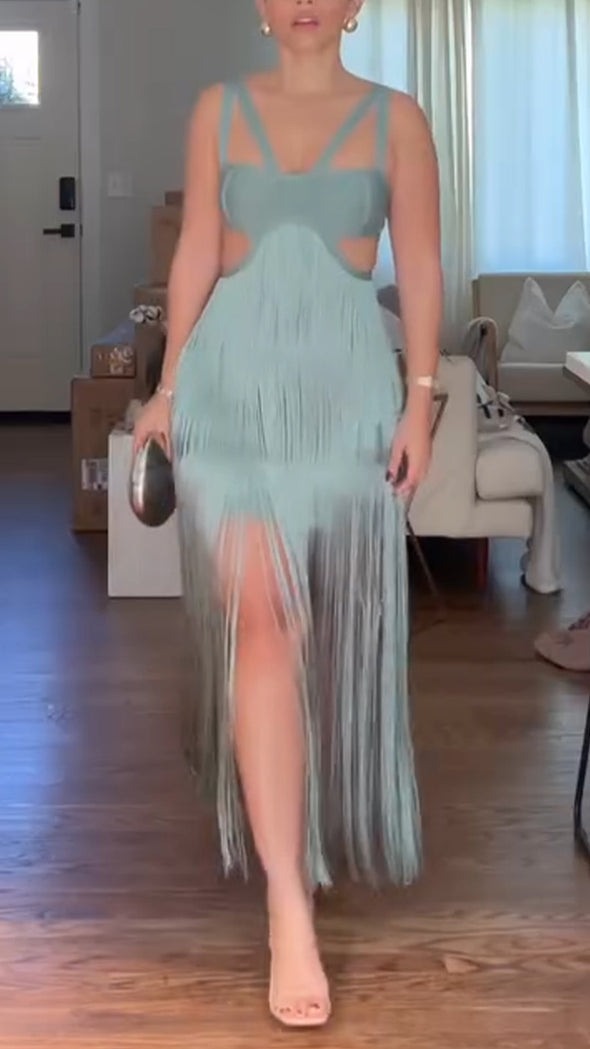 Women Suspender Hollow Stitching Tassel Solid Color Elegant Temperament Evening Party Dress