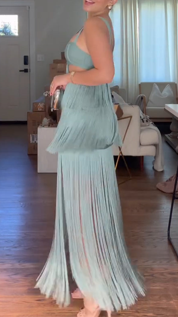 Women Suspender Hollow Stitching Tassel Solid Color Elegant Temperament Evening Party Dress