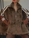 Women Lapel Vertical Striped Patchwork Sleeves Casual Plush Coat