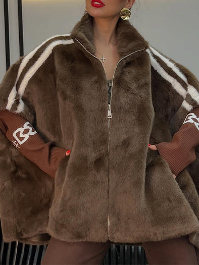 Women Lapel Vertical Striped Patchwork Sleeves Casual Plush Coat