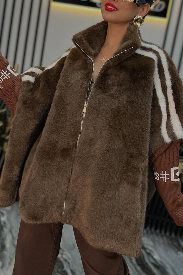 Women Lapel Vertical Striped Patchwork Sleeves Casual Plush Coat