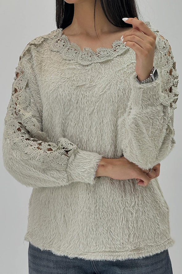 Women Elegant Lace Hollow Plush Long Sleeve Top