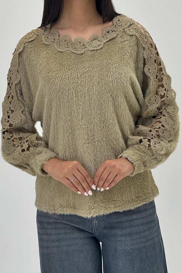 Women Elegant Lace Hollow Plush Long Sleeve Top