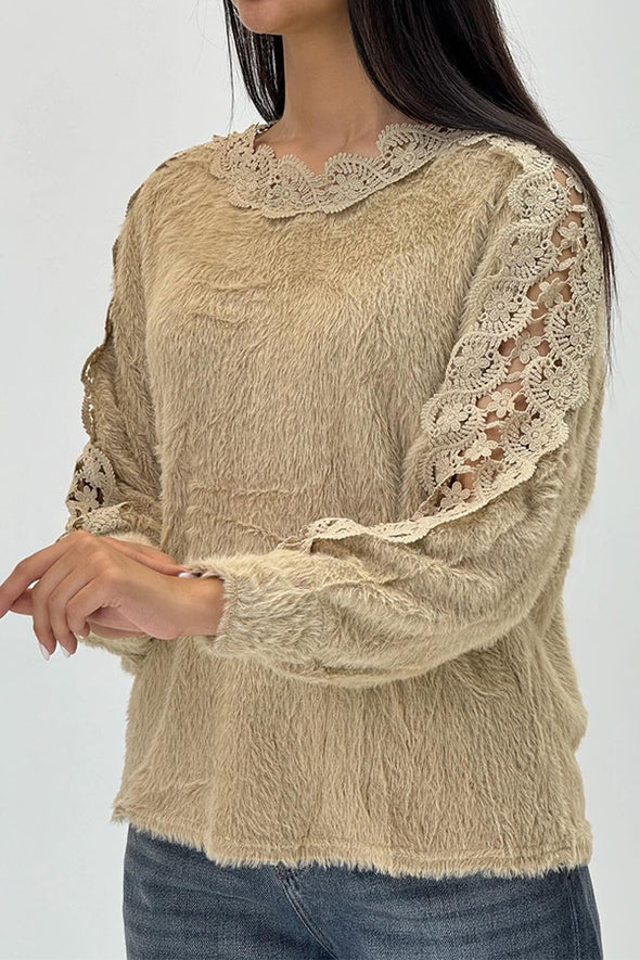 Women Elegant Lace Hollow Plush Long Sleeve Top