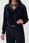 Women Elegant V-Neck Sheer Lace Plush Long Sleeve Top