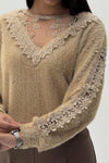 Women Elegant V-Neck Sheer Lace Plush Long Sleeve Top