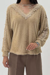 Women Elegant V-Neck Sheer Lace Plush Long Sleeve Top