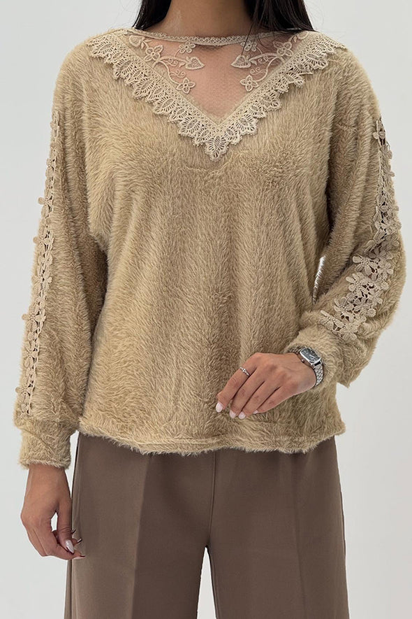 Women Elegant V-Neck Sheer Lace Plush Long Sleeve Top