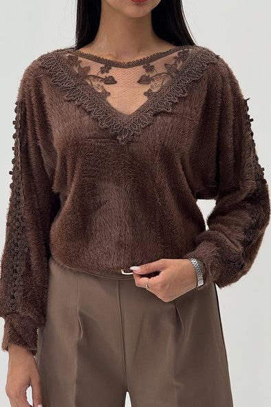 Women Elegant V-Neck Sheer Lace Plush Long Sleeve Top