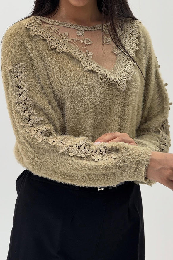 Women Elegant V-Neck Sheer Lace Plush Long Sleeve Top