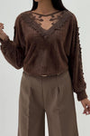 Women Elegant V-Neck Sheer Lace Plush Long Sleeve Top