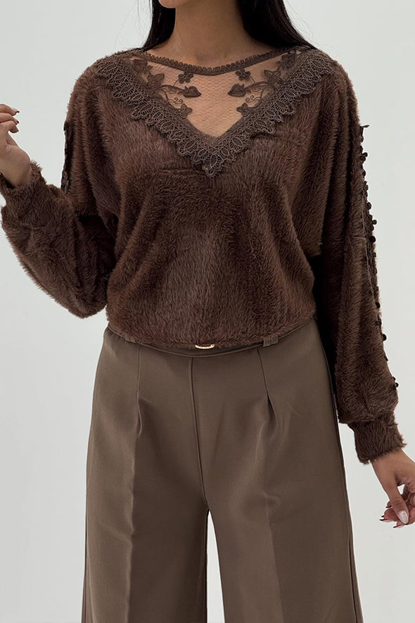 Women Elegant V-Neck Sheer Lace Plush Long Sleeve Top
