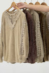 Women Elegant V-Neck Sheer Lace Plush Long Sleeve Top