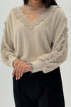 Women Elegant V-Neck Sheer Lace Plush Long Sleeve Top