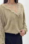 Women Elegant V-Neck Sheer Lace Plush Long Sleeve Top