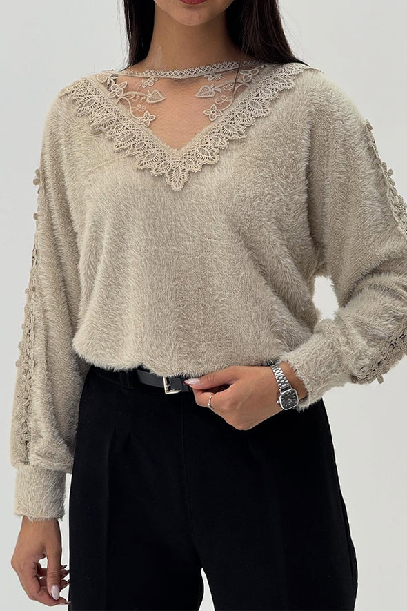 Women Elegant V-Neck Sheer Lace Plush Long Sleeve Top