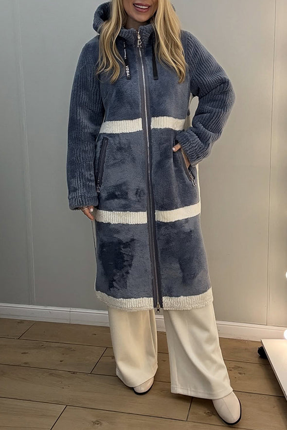 Women Casual Plush Striped Hooded Drawstring Zipper Pocket Reversible Coat