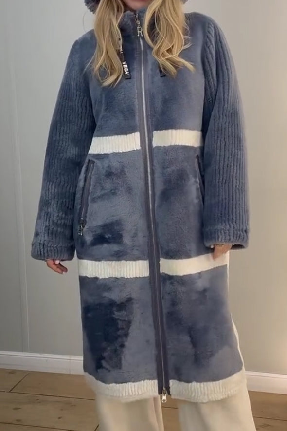 Women Casual Plush Striped Hooded Drawstring Zipper Pocket Reversible Coat