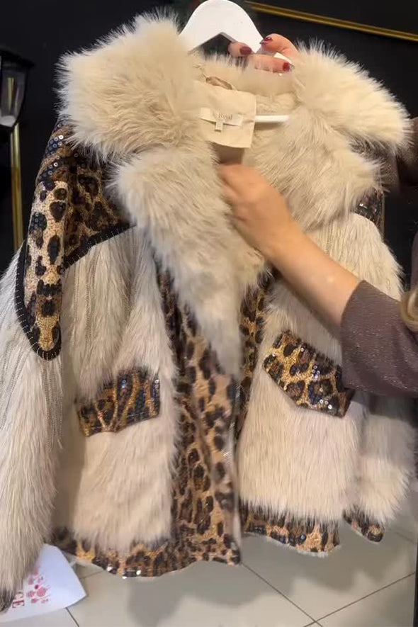 Women Party Plush Large Lapel Leopard Print Sequined Tassel Warm Coat