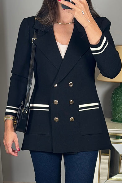 Women Elegant Deep V Tie Contrast Stripe Double-Breasted Blazer