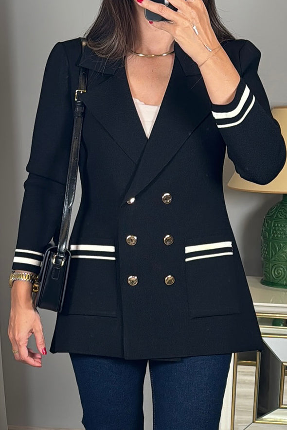 Women Elegant Deep V Tie Contrast Stripe Double-Breasted Blazer