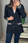 Women Elegant Deep V Tie Contrast Stripe Double-Breasted Blazer