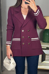 Women Elegant Deep V Tie Contrast Stripe Double-Breasted Blazer