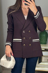 Women Elegant Deep V Tie Contrast Stripe Double-Breasted Blazer