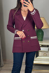 Women Elegant Deep V Tie Contrast Stripe Double-Breasted Blazer