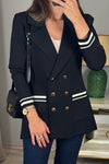 Women Elegant Deep V Tie Contrast Stripe Double-Breasted Blazer