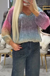 Women Elegant Rhinestone V-Neck Loose Rainbow Gradient Sweater