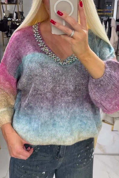 Women Elegant Rhinestone V-Neck Loose Rainbow Gradient Sweater