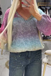 Women Elegant Rhinestone V-Neck Loose Rainbow Gradient Sweater