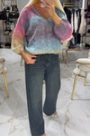 Women Elegant Rhinestone V-Neck Loose Rainbow Gradient Sweater