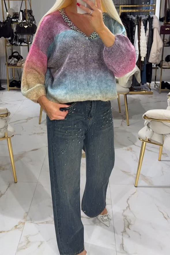 Women Elegant Rhinestone V-Neck Loose Rainbow Gradient Sweater