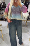 Women Elegant Rhinestone V-Neck Loose Rainbow Gradient Sweater