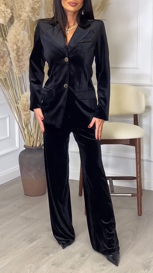 Women Lapel Jacket + Pants Solid Color Temperament Commuter Suit