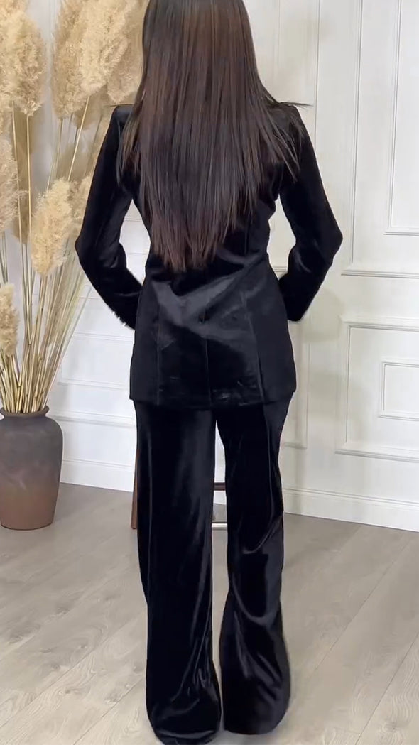 Women Lapel Jacket + Pants Solid Color Temperament Commuter Suit