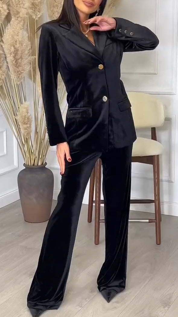 Women Lapel Jacket + Pants Solid Color Temperament Commuter Suit