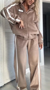 Women Lapel Vertical Stripe Zipper Jacket + Pants Casual Suit